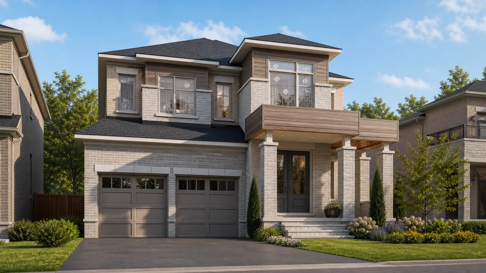 Daytime front exterior concept of 42 Big Willow Crescent with 3-car garage