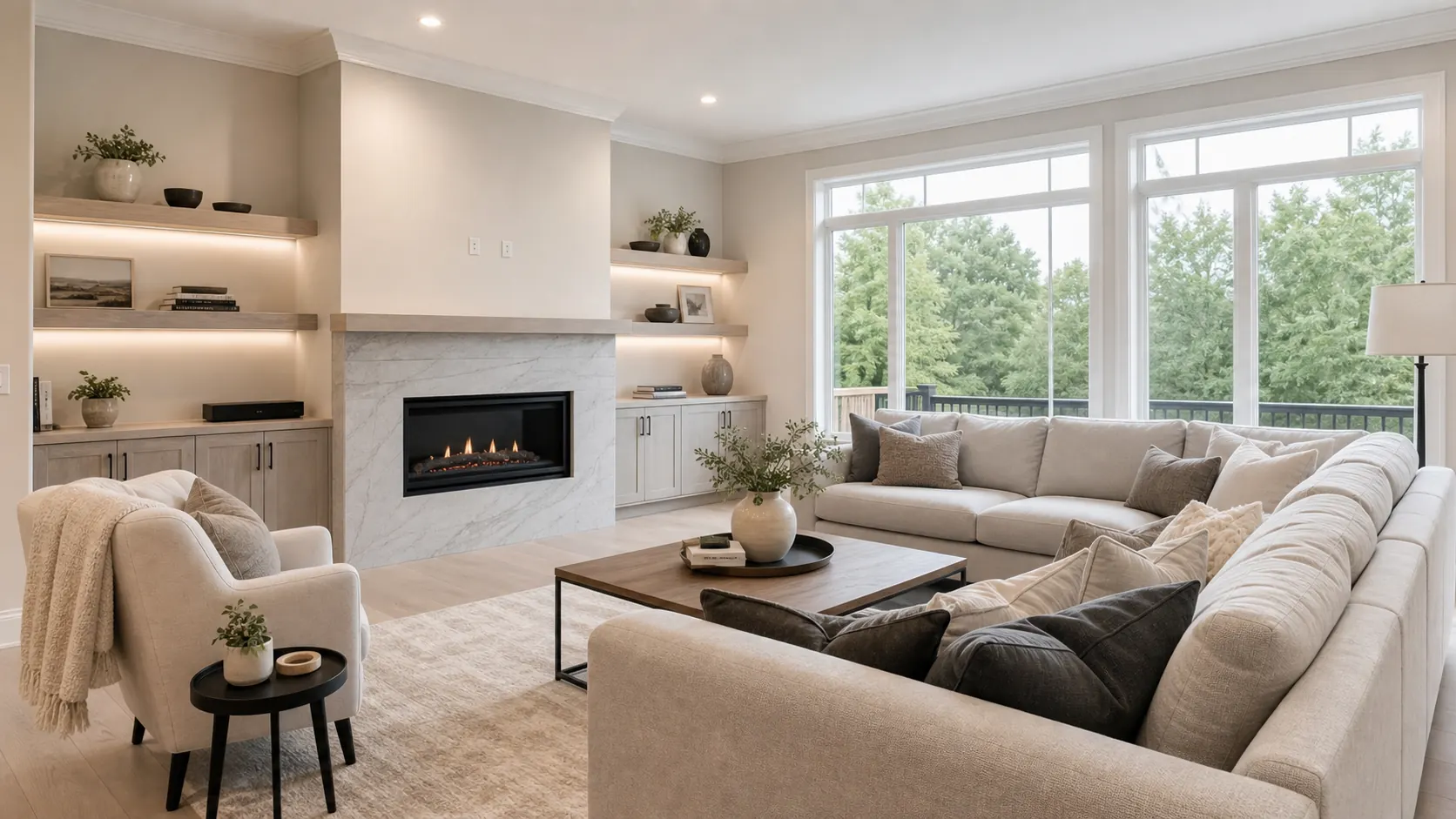 Family room concept with fireplace and ravine-facing rear windows