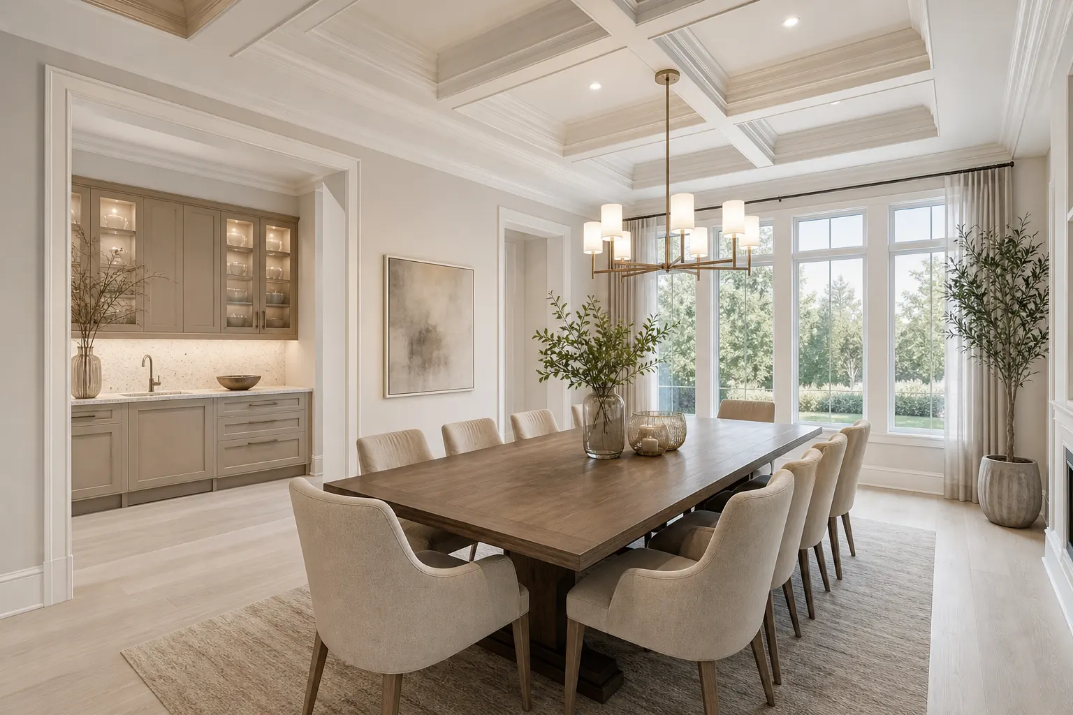 Formal dining room and servery concept with 10-foot main floor ceiling feel