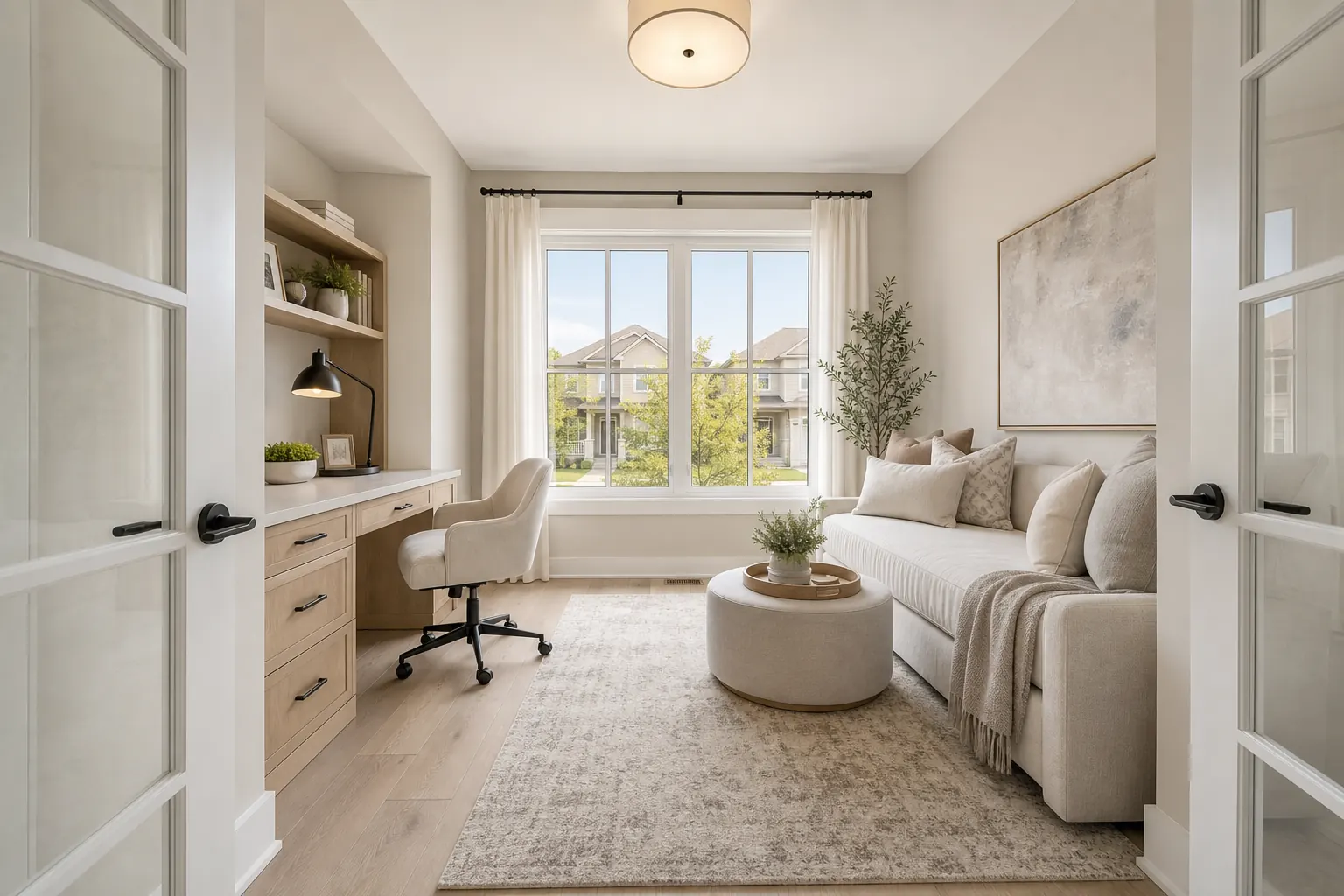 Main floor den concept with nearby full bathroom for flexible guest or office use
