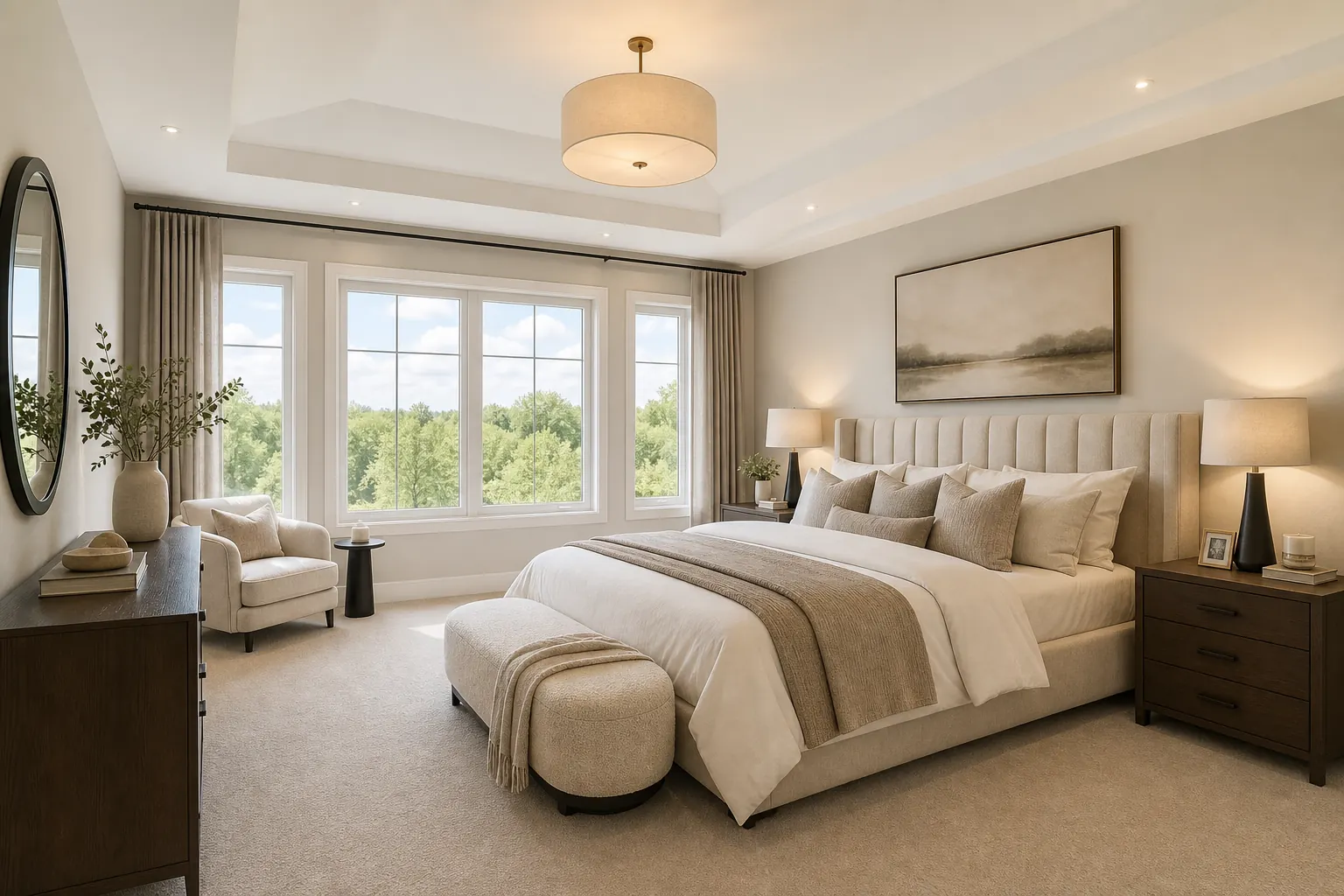 Primary bedroom concept with soft neutral finishes and 9-foot second floor height