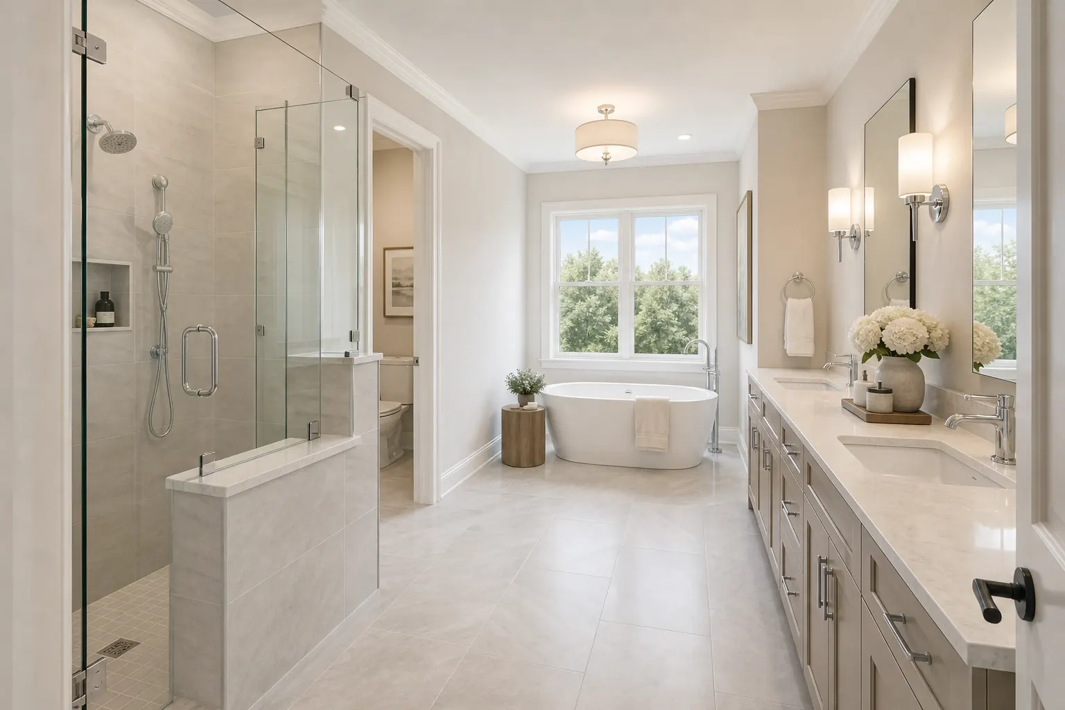 Primary ensuite bathroom concept with frameless glass shower and freestanding tub