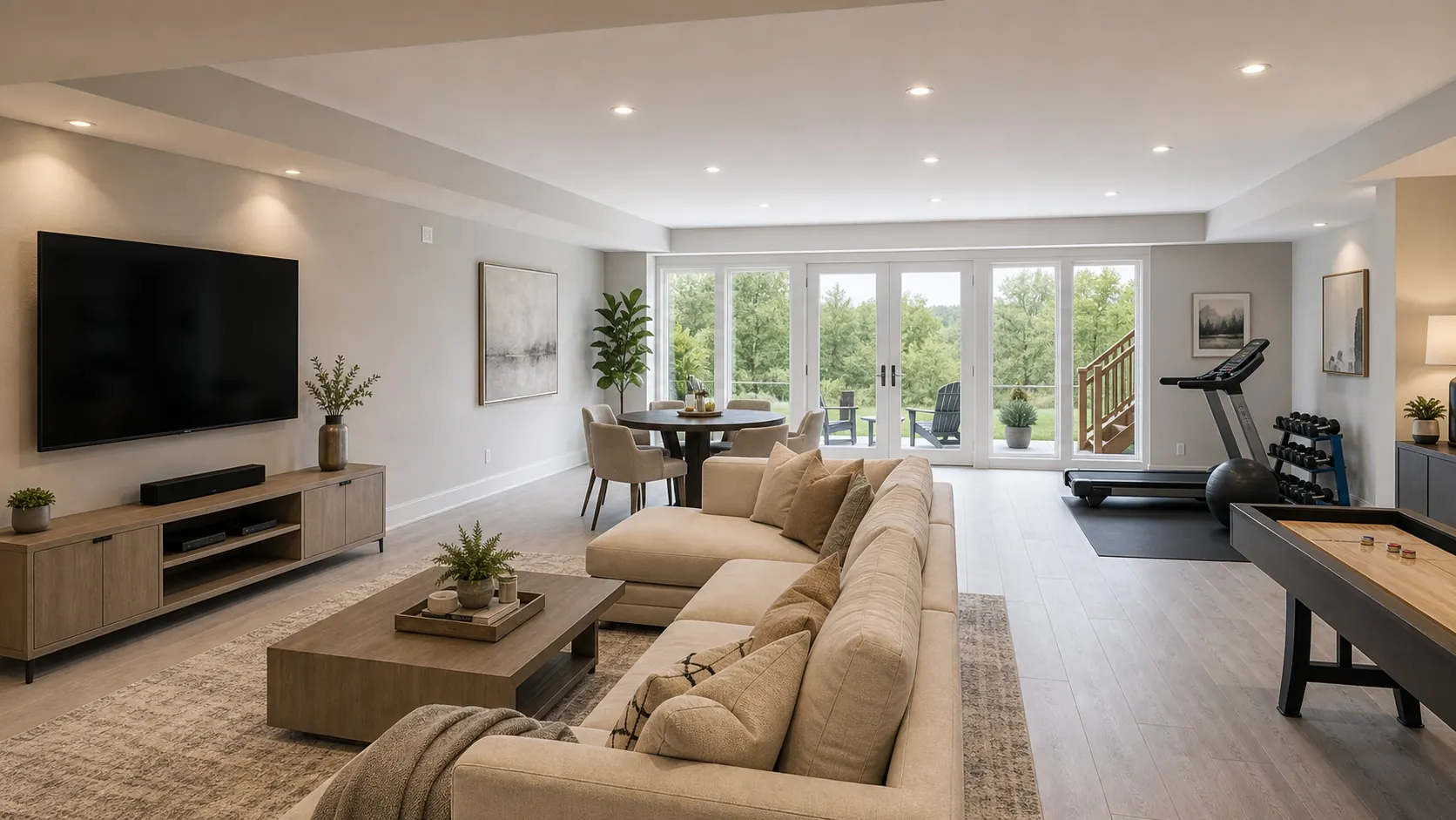 Walkout basement recreation room concept with rear yard access