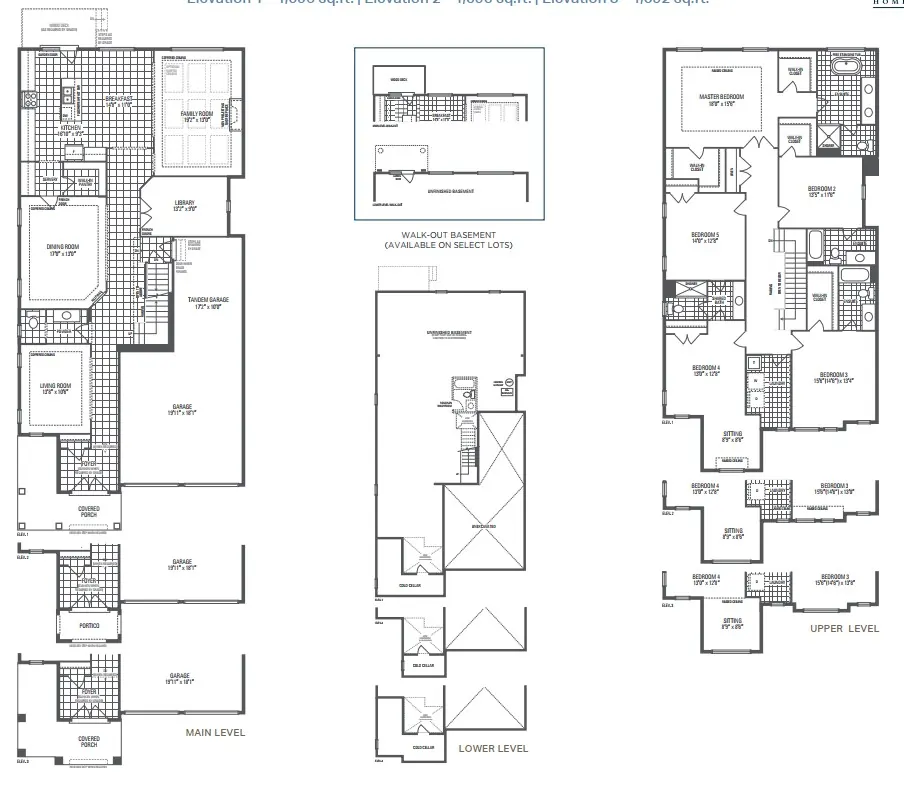 Legacy 9 Elevation 3 floor plan with main level, walkout lower level and upper level
